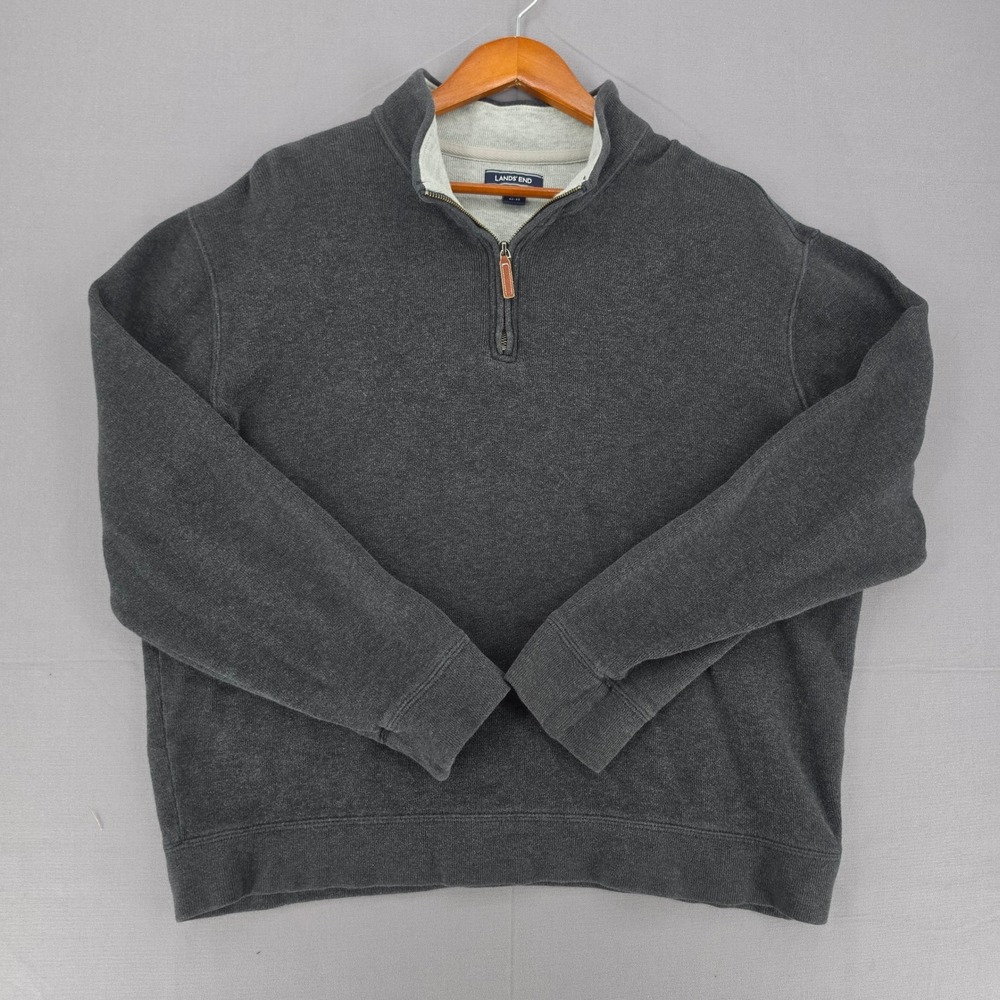 Lands End Mens XL Charcoal Gray 100% Cotton Quarter Zip Pullover Sweater